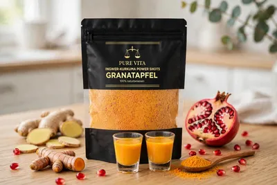 Immagine prodotto di Pure Vita, integratori a base di zenzero e curcuma, linea "Power Shots", gusto melograno. Cura di 30 giorni. Polvere 100% naturale e non raffinata