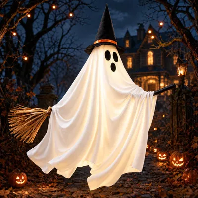 Produktbild von Halloween Deko Gespenster 120 cm LED Hängegeist Besenreiter Dekoration