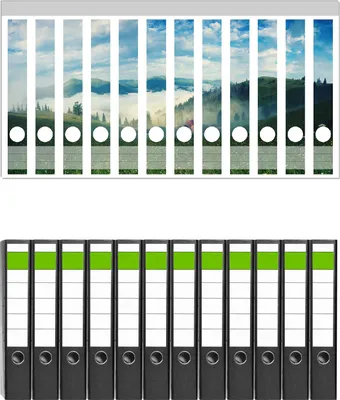 Produktbild von Wallario 12 Stück schmale Ordner inkl. Klebeetiketten mit Motive Morgennebel zwischen Berghängen -  Set mit Rückenschildern / Ordnerrücken Stickern