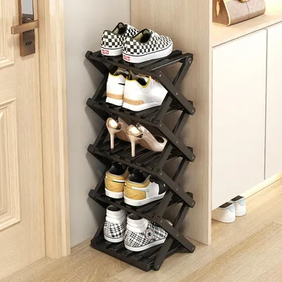 Productafbeelding van Schoenenkast bamboe, 5 vakken, inklapbaar, zwart, vrijstaand, 27x26x75 cm