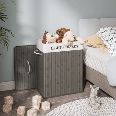 Image de Panier à linge en bambou, 100 L Trieur à linge à 2 compartiments, collecteur de linge pliable avec sac à linge amovible, boîte à linge rectangulaire,Gris