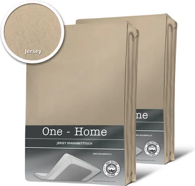 Two beige jersey fitted sheets are shown side-by-side against a white background. A circular inset in the top left corner shows a close-up of the jersey fabric with the word 'Jersey' printed below it. The bottom of the image has a dark grey band with produ