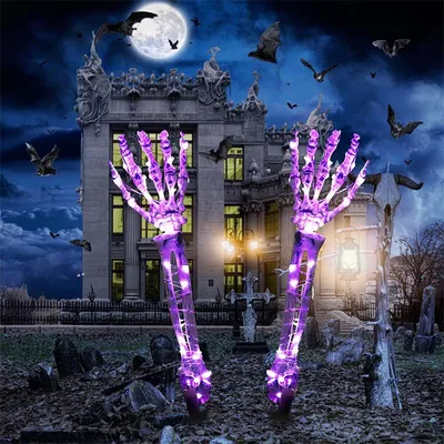 Produktbild von 2er Halloween Dekorationen, Batterien Skelett‑Arm Gartenstecker mit LED, Gruselig Gartendeko für Draußen, Außendeko, Lila Licht, Partydekorationen