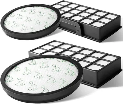 Two circular HEPA filters and two rectangular filters are arranged in a studio shot against a white background.