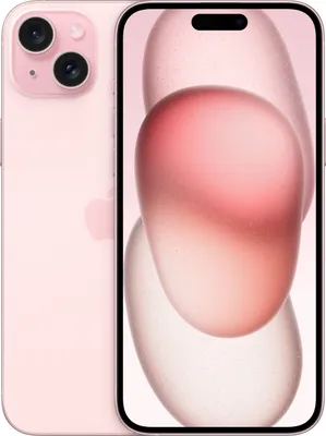 A pink iPhone 15 Plus is shown from the back and front, displaying its screen with a pink abstract wallpaper.