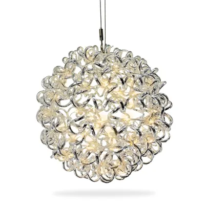 A spherical pendant light made of intertwined silver wires with embedded warm white LED lights, shown against a white background.