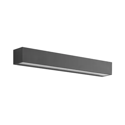 A long, rectangular LED wall light fixture in a dark gray color, shown against a white background.