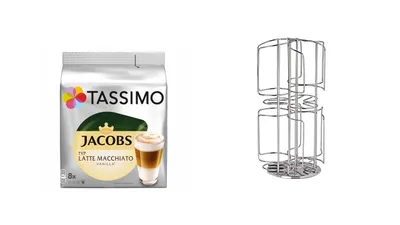 Produktbild von Kapselständer, Kapselhalter "Tassimo" für bis zu 48 Kapseln jedoch 6 Sorten auf kleinster Fläche und drehbar plus 1 Packung Vanilla Latte Macchiato