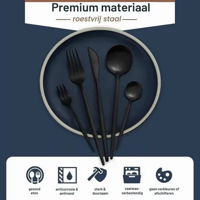Zdjęcie produktu dla Komplet sztućców ze stali nierdzewnej, 30 elementów, na 6 osób - elegancki, matowy, czarny kolor | Można myć w zmywarce