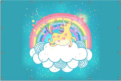 Produktbild von Wallario Outdoor-Poster für Garten oder Balkon, Motiv Lustiges Einhorn auf einer Wolke vor Regenbogen, in ca. 120 x 180 cm