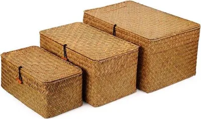 Produktbild von Famanu Aufbewahrungskorb aus Seegras mit Deckel - Natürliches Material - Set von 3 (groß - mittel - klein)