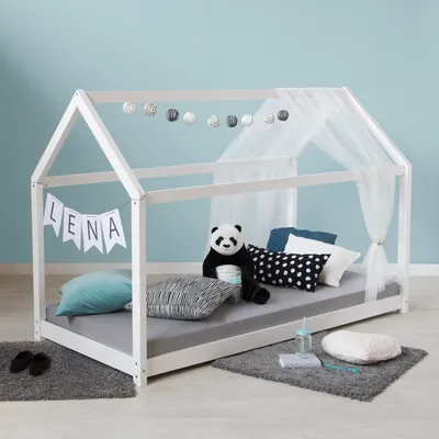 Produktbild von Homestyle4u Kinderbett Hausbett 160x80 Weiß mit Lattenrost Kinder Bett Haus Holz Kiefer 80x160 cm