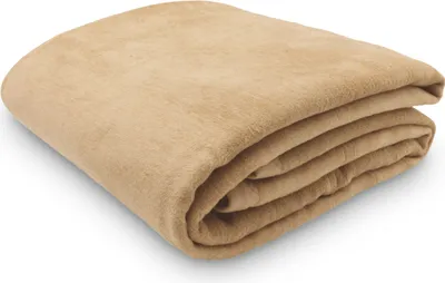 A folded light brown blanket on a white background.