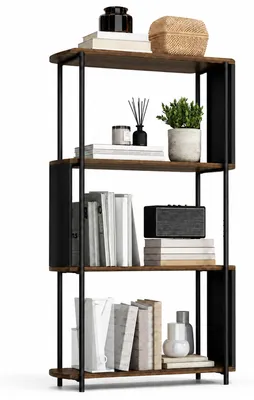 Productafbeelding van Boekenkast, vrijstaande kast met 4 planken, gebogen ontwerp, voor woonkamer of slaapkamer, 80 x 30 x 141 cm, bruin