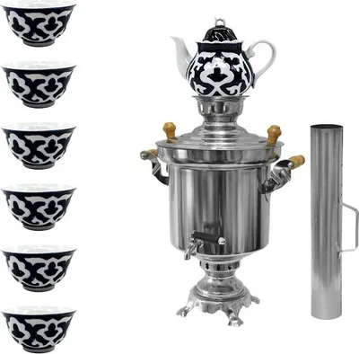 Produktbild von SET Samowar Holzkohle 5 L + Teekanne 0,9 L + Piala-Set "Pahta Gul" 6 Stück Ø 11
