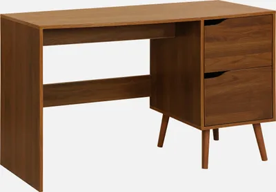 A wooden desk with two drawers and angled legs, shown against a white background.