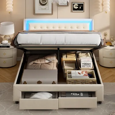 Image de Lit double 140x190 cm, lit avec espace de rangement, 2 tiroirs, boxspring hydraulique avec LED, lit plat, lit de rangement, cadre de lit avec sommier à lattes, lit pour adolescents, velours, beige