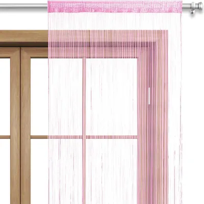 A close-up view of a pink string curtain hanging in front of a window with wooden frames.