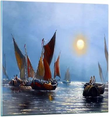 Produktbild von Bilder auf glas - Boote Sonne Fischer Angeln - 30x30cm - Glasbilder - Wandbilder - Kunstdruck - zum Aufhängen bereit - Wanddekoration aus Glas - Glas Bilder - Wandbild auf Glas - GAC30x30-2957
