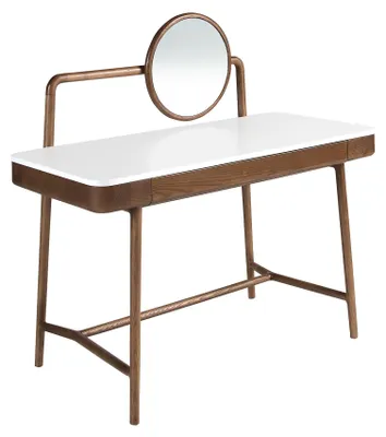 Produktbild von Schminktisch-Schreibtisch aus Nussbaum mit weißer Holzplatte und Spiegel 7202