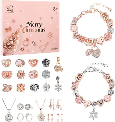 Imagen del producto de Calendario de adviento de joyería, juego de 24 piezas, en color rosa oro y plata, que incluye charms, pendientes, anillos, pulseras y collares