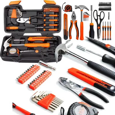 A collection of tools laid out on a white background.