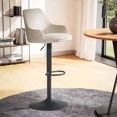 Produktbild von FineBuy Barhocker Samt Beige Hocker mit Lehne 86 106 cm Küchenhocker Höhenverstellbar Modern 100 kg Barstuhl Tresenhocker mit Metall-Trompetenfuß
