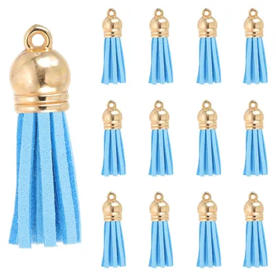 30 Kunstleder-Quasten 3,8 cm, goldene Kappe, DIY-Bastelzubehör, himmelblau