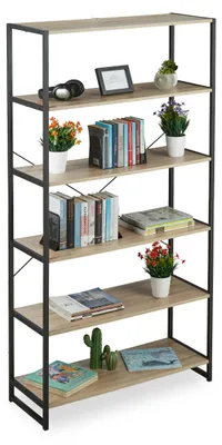 Obrázek produktu pro Relaxdays Stojací regál Industrial, vysoká knihovna, otevřený design se 6 přihrádkami, rozměry 180 x 95 x 35 cm, z dřevotřísky a kovu, hnědá, Obrázek vytvořený pomocí AI