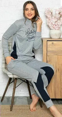 Produktbild von Damen Pyjama mit Kapuze Schlafanzug Hellgrau L Lang 2-Teiler Set L-73