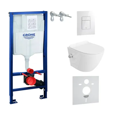 Produktbild von GROHE Vorwandelement Solido + Wand Hänge WC Salto Weiß Spülrandlos + WC-Sitz SoftClose | Glänzend Weiß Knopf | Komplettset | Unterputz Spülkasten | Toilette Komplett Sett