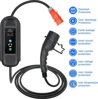Imagen del producto de Cargador portátil para vehículos eléctricos, 11 kW, con conector Tipo 2, cable de 5 metros