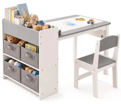 Produktbild von Kindertisch mit 2 Stühlen und Stauraum LY-19, 102 x 55 x 54 cm, weiß/grau