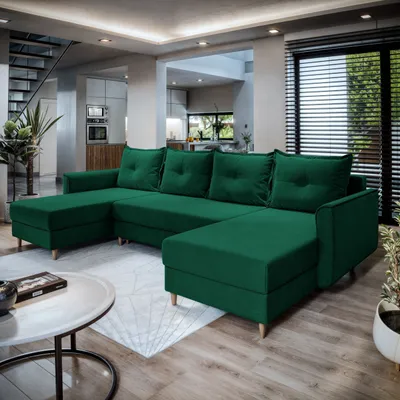 Zdjęcie produktu dla Masseno Narożnik VERNI z funkcją spania i pojemnikiem na pościel Kształt U, Rozkładana sofa, Rogówka - Butelkowa zieleń, KRONOS 19