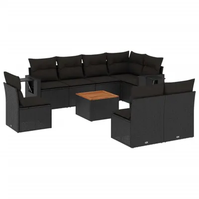 Produktbild von 9-tlg. Garten-Sofagarnitur mit Kissen Schwarz Poly Rattan