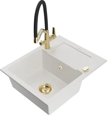 Produktbild von Mexen Enzo 1 Becken-Granitspüle mit Abtropffläche und Mischbatterie Duo, Weiß - 6506-20-671701-57-G