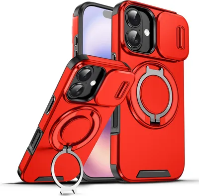 Produktbild von Handyhülle für iPhone 17 Dual-Layer Stoßfest Militär Hülle mit Dia Kameraschutz und Magnetisch Ring Ständer Rot