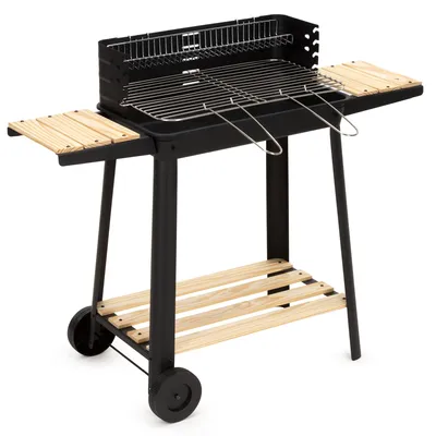 Produktbild von Springos® Holzkohlengrill für Garten mit Rädern – Grill mit Drehspieß, verstellbarem Rost und Ablagen