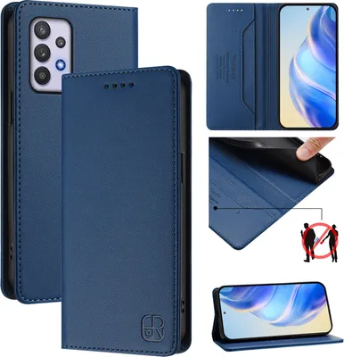Obrázek produktu pro Kožené pouzdro pro Samsung Galaxy A32 4G, flipové pouzdro s přihrádkami na karty, peněženkou a stojánkem Modrý
