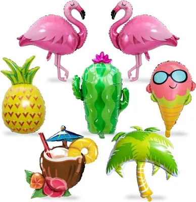 Zdjęcie produktu dla zestaw 7 balonów foliowych na imprezę na Hawajach - flaming ananas kaktus kokos drzewo lodowe gigantyczne balony