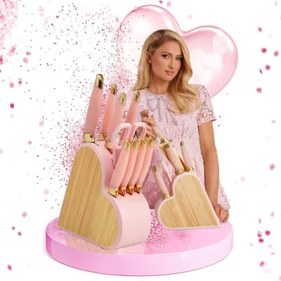 Produktbild von Messerset Kochmesser Santokumesser - Edelstahl - Bambus - 4 Messer und Küchenschere - Rosa - Für Küche und Haushalt
