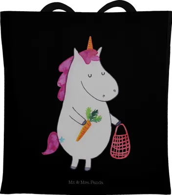 Produktbild von Mr. & Mrs. Panda Jutebeutel Einhorn Gemüse - Schwarz - Geschenk, Tote Bag, Unicorn, Tasche, Wochenmarkt, Einhörner, Biomarkt, Schultasche, Einkaufstasche, Laptoptasche