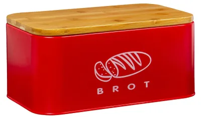 Produktbild von Theo&Cleo Brotkästen mit Deckel, Deckel aus Ökologisches Bambus, Kann als Schneidebrett, Geräumiger Retro Brotkasten aus Metall, Brot Lange Aufbewahren und Frisch Halten 30cm * 18cm * 14cm Rot