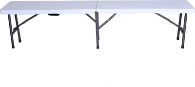 A white folding table with gray metal legs against a white background.