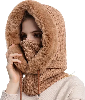 Produktbild von 3 in 1 Winter Damen Strickmütze Dicke Fleecefutter Warm Skimütze mit Schal Gesichtsmaske Outdoor Cycling Winterfeste Skimütze, Farbe:Khaki