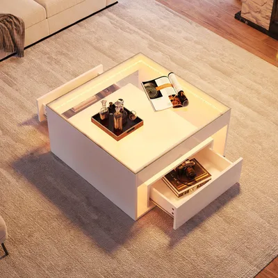 Obrázek produktu pro MODFU konferenční stůl bílý s vysokým leskem a LED osvětlením, stolek s 2 šuplíky a tvrzeným sklem, konferenční stůl s průchozím designem, 70×70×35 cm