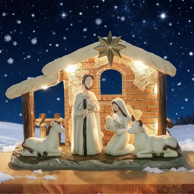 Productafbeelding van Kerststal decoratie - Kerststalset van hars met licht - Kerstscène voor tafel - Geboorte van Jezus