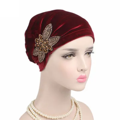 Produktbild von Perlen Blume Frauen Krebs Chemo Samt Hut Muslim Beanie Turban Kopf Wrap Cap-Weinrot