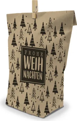 Produktbild von itenga Geschenktüte Frohe Weihnachten Tannenbäume 17x26cm braun schwarz - 24 Tüten und Klammern