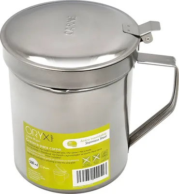 Produktbild von Fleischtropfer aus Edelstahl, Altölöler 0,5 Liter. Mit Sieb und Deckel, Recyclingbehälter für es Fleischöl
